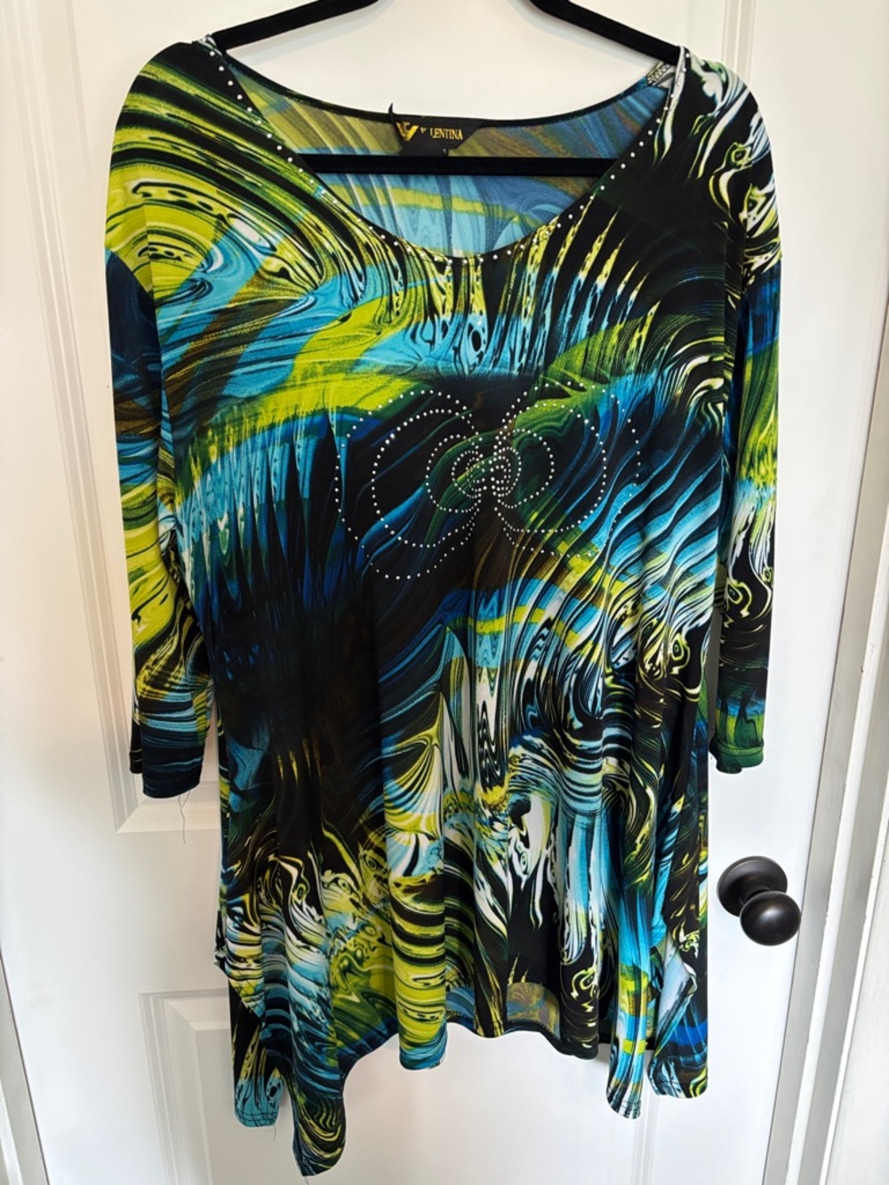 Valentina Blue Green Black Printed Top with Rhinestone Accent